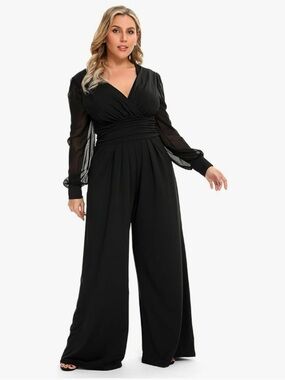 Plus Size Black Long-Sleeve Wide-Leg Jumpsuit